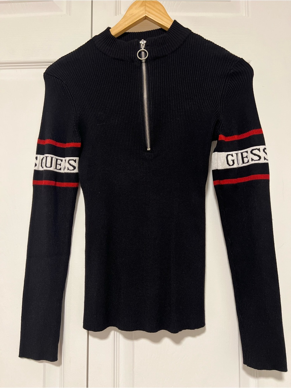 GUESS Black Ribbed Half-Zip Long Sleeve Top with Red & White Sleeve Stripes